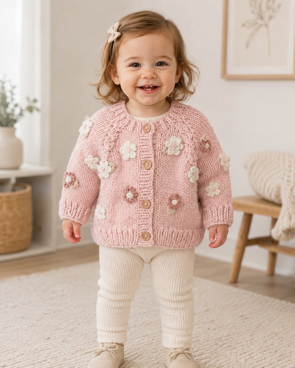Huggalugs Flower Cardigan Blush Pink 18-24M Hand Knit Sweater NWT